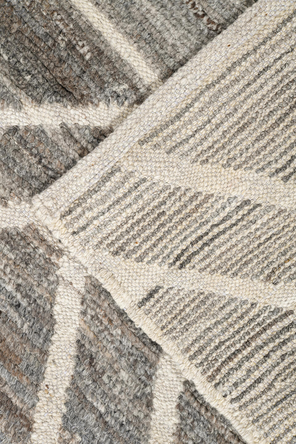 9' x 12' one-of-a-kind handmade vintage Tulu large size rug. Color palette: gray, ivory, taupe, charcoal, beige, black