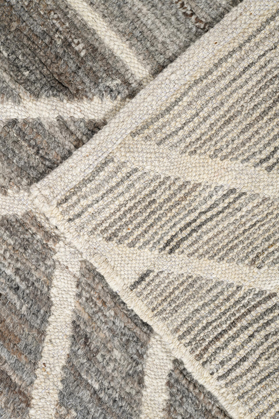 9' x 12' one-of-a-kind handmade vintage Tulu large size rug. Color palette: gray, ivory, taupe, charcoal, beige, black