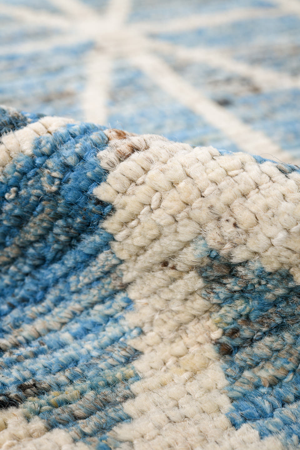 6' x 9' one-of-a-kind handmade vintage Tulu medium size rug. Color palette: sky blue, ivory, slate, denim, light blue, gray