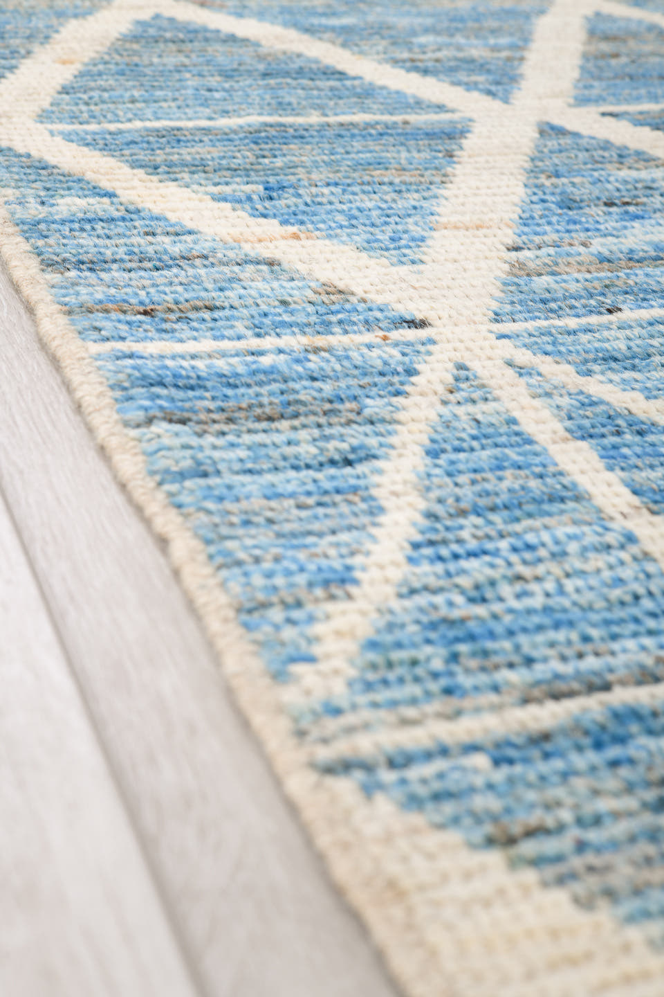 6' x 9' one-of-a-kind handmade vintage Tulu medium size rug. Color palette: sky blue, ivory, slate, denim, light blue, gray