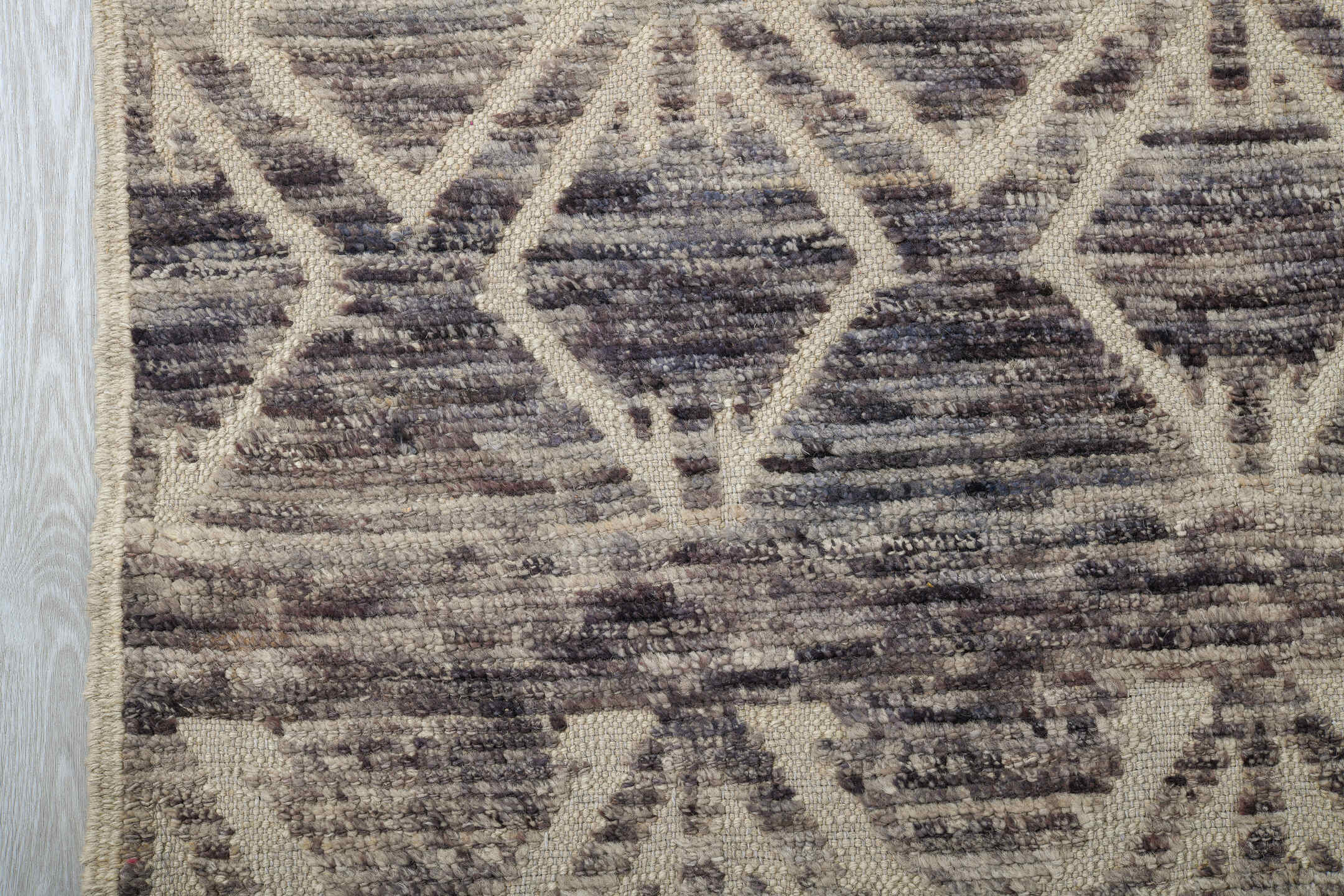 9' x 11' one-of-a-kind handmade vintage Tulu large size rug. Color palette: ivory, taupe, brown, charcoal, cream, beige