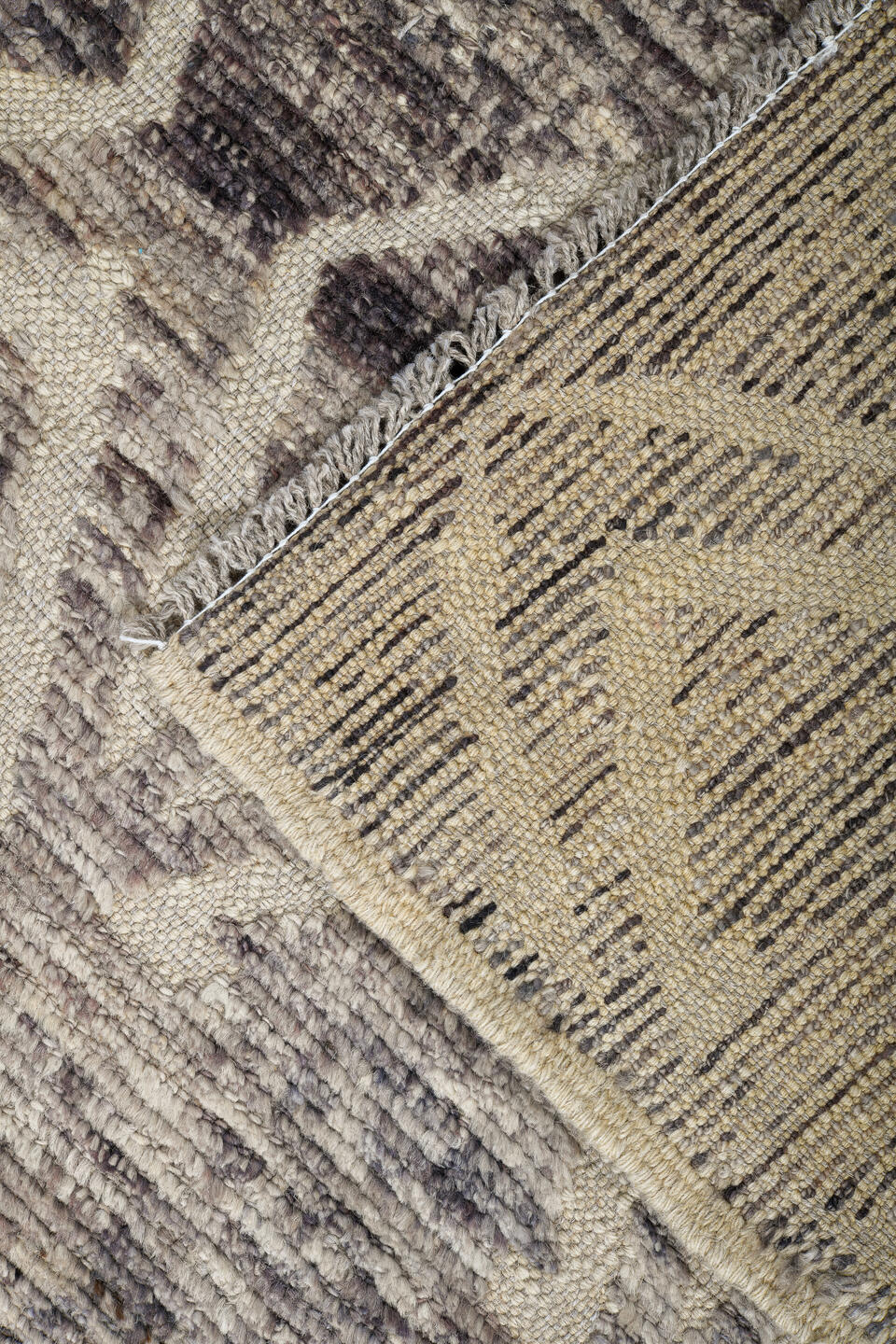 9' x 11' one-of-a-kind handmade vintage Tulu large size rug. Color palette: ivory, taupe, brown, charcoal, cream, beige