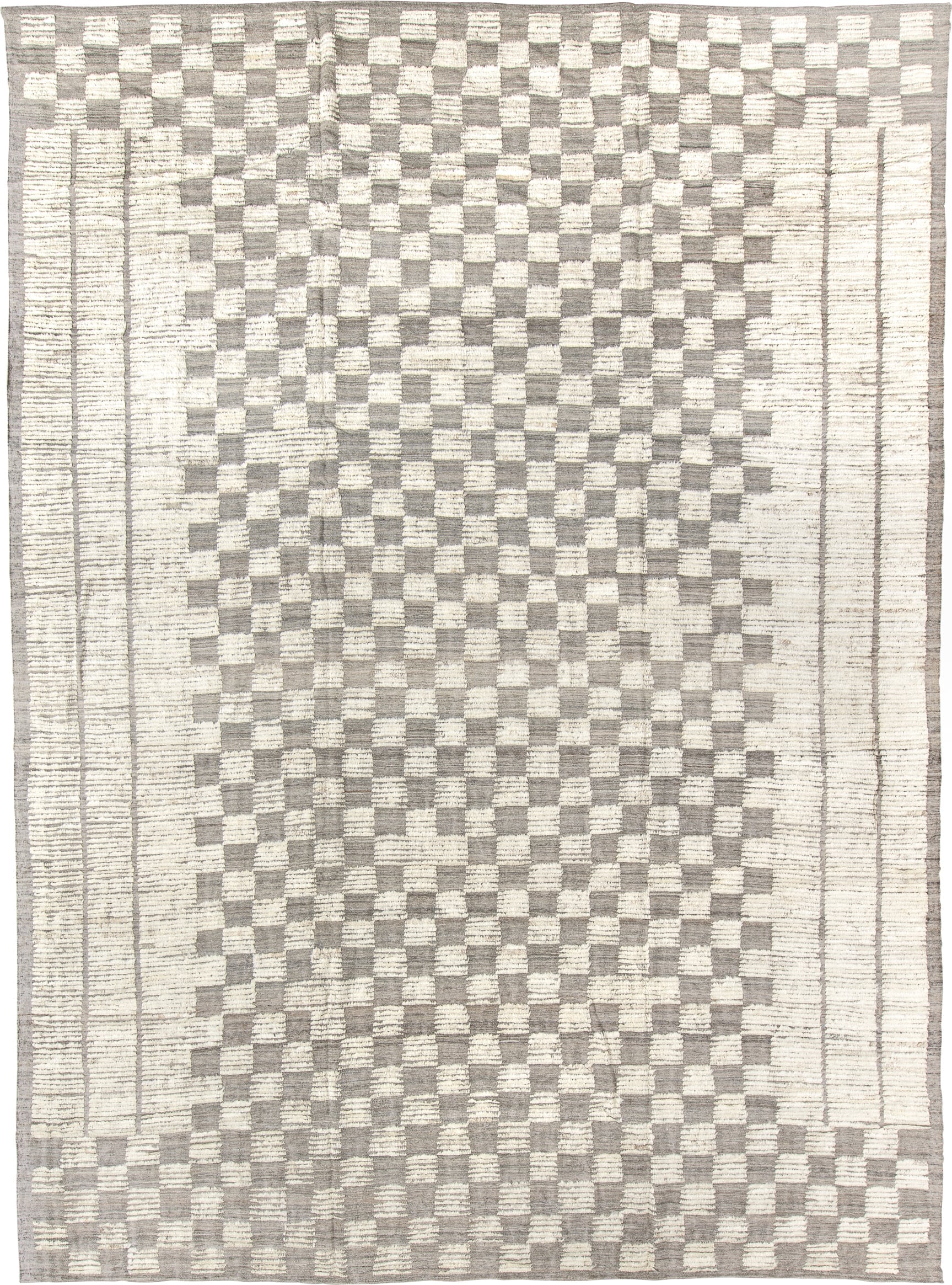 10' x 14' one-of-a-kind handmade vintage Tulu large size rug. Color palette: ivory, gray, taupe, beige