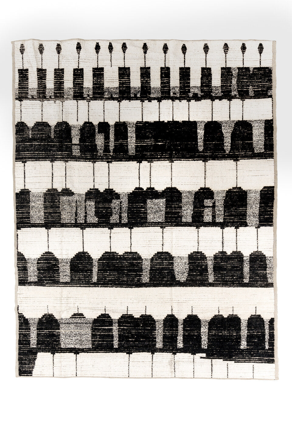 7' x 9' one-of-a-kind handmade vintage Tulu rug. Color palette: black, brown, charcoal, dark gray, gainsboro, gray