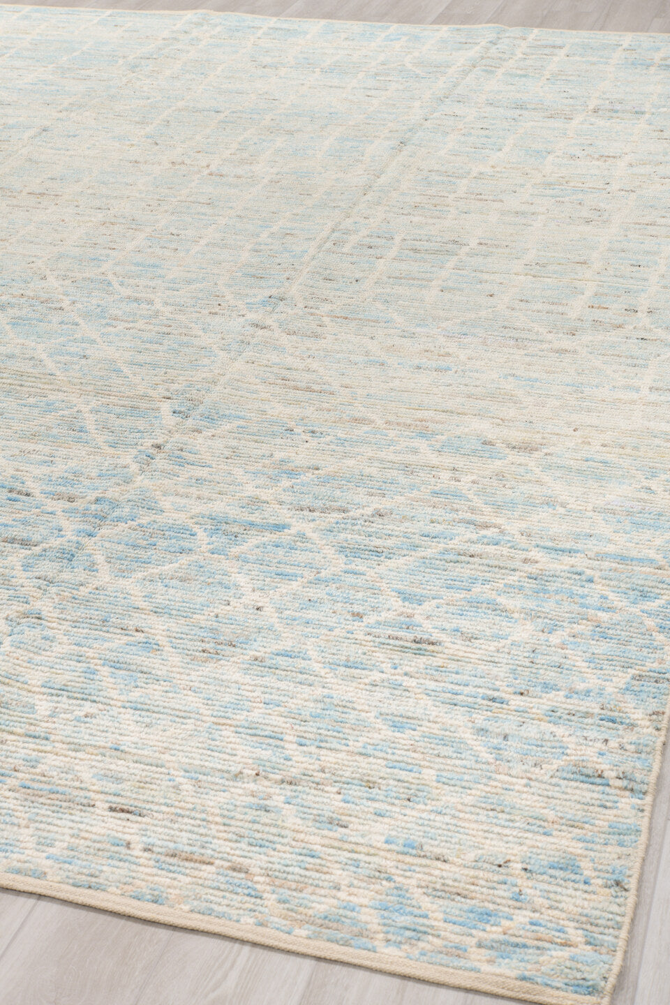 10' x 14' one-of-a-kind handmade vintage Tulu large size rug. Color palette: ivory, pale blue, cream, taupe, light gray