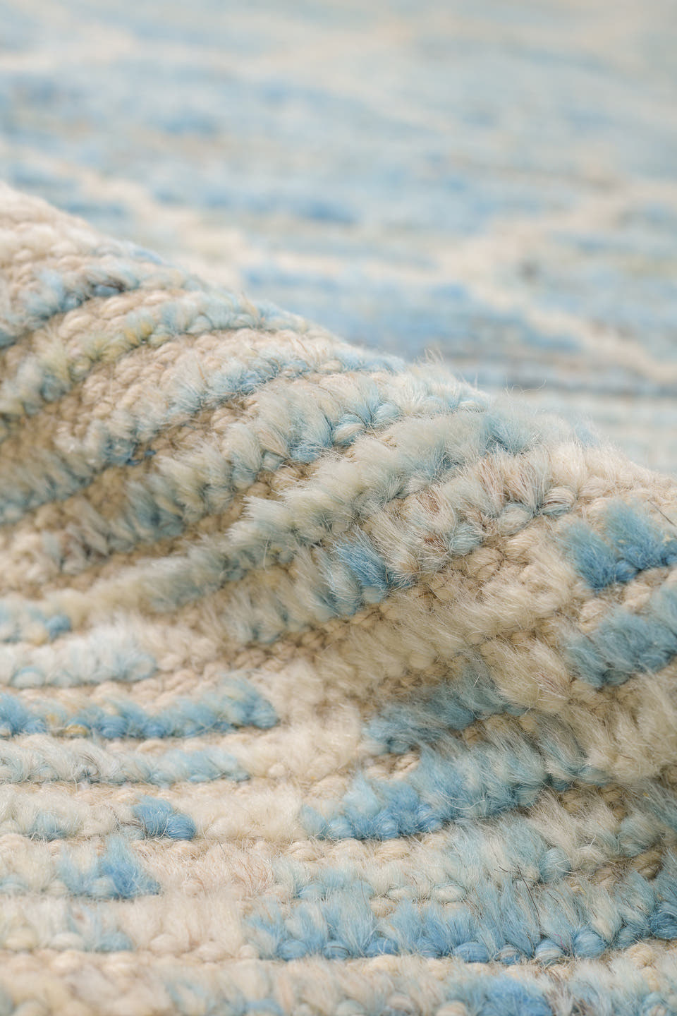 10' x 14' one-of-a-kind handmade vintage Tulu large size rug. Color palette: ivory, pale blue, cream, taupe, light gray