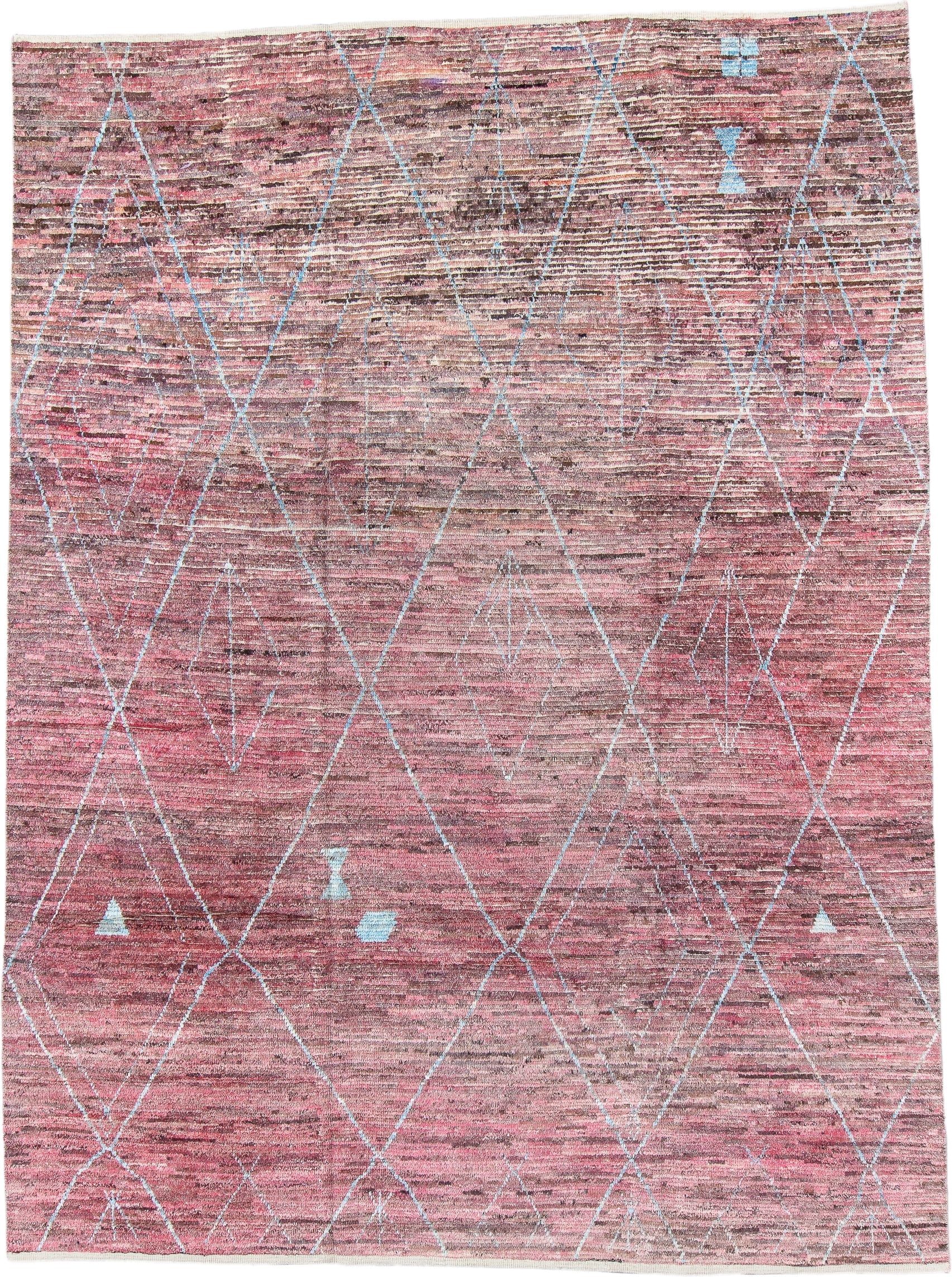 8' x 11' one-of-a-kind handmade vintage Tulu large size rug. Color palette: rose, dusty mauve, blush, taupe, sky blue, brown