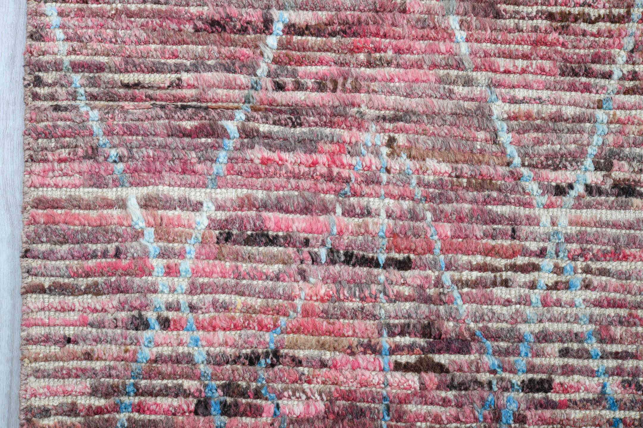 8' x 11' one-of-a-kind handmade vintage Tulu large size rug. Color palette: rose, dusty mauve, blush, taupe, sky blue, brown