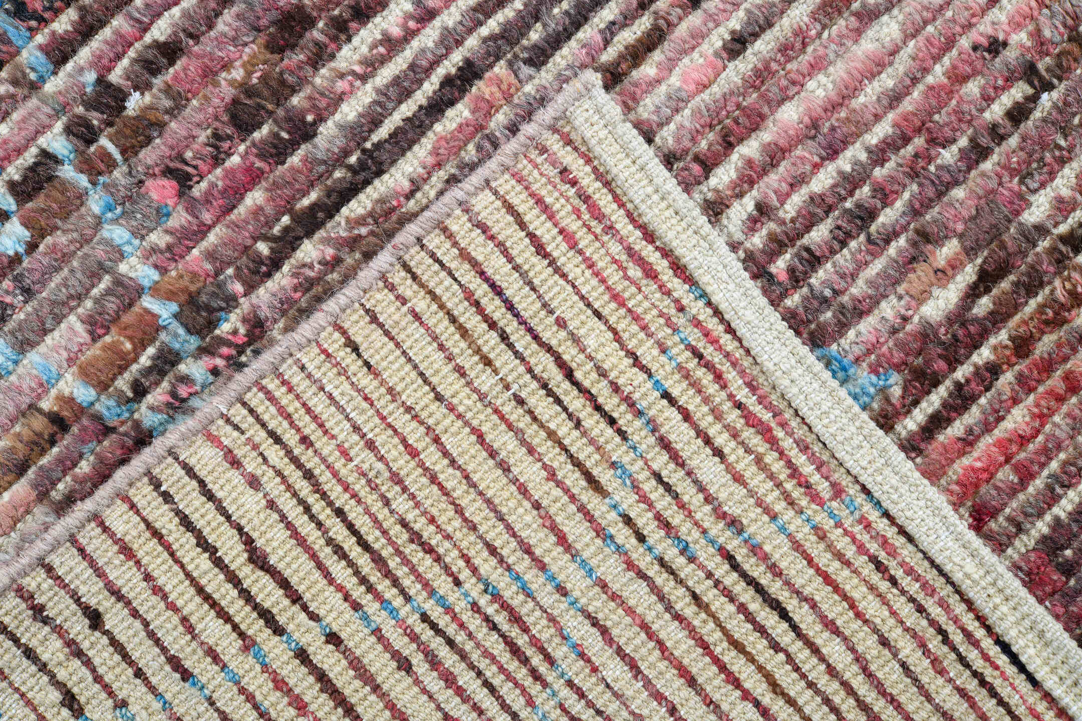 8' x 11' one-of-a-kind handmade vintage Tulu large size rug. Color palette: rose, dusty mauve, blush, taupe, sky blue, brown