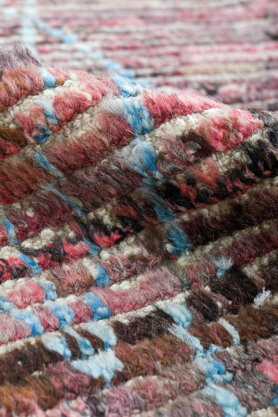 8' x 11' one-of-a-kind handmade vintage Tulu large size rug. Color palette: rose, dusty mauve, blush, taupe, sky blue, brown