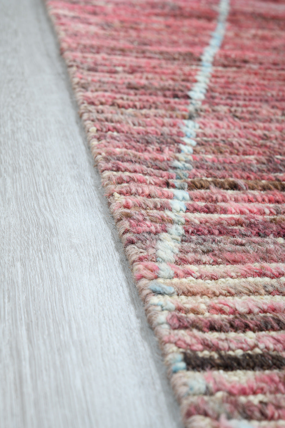 8' x 11' one-of-a-kind handmade vintage Tulu large size rug. Color palette: rose, dusty mauve, blush, taupe, sky blue, brown