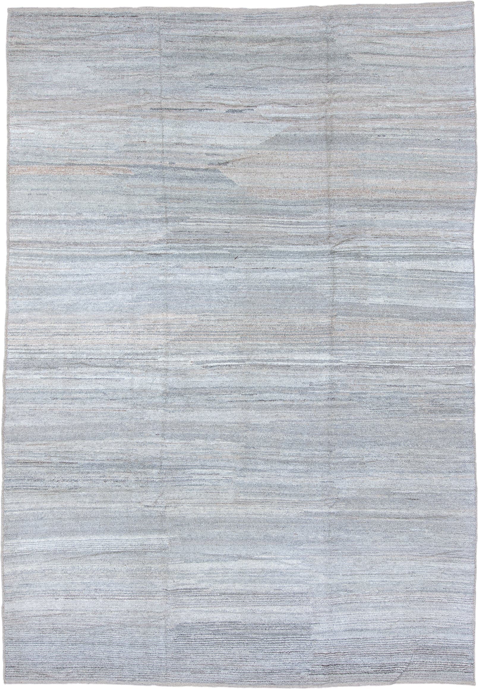 9' x 14' one-of-a-kind handmade vintage Tulu large size rug. Color palette: pale blue, ivory, light gray, taupe, light blue