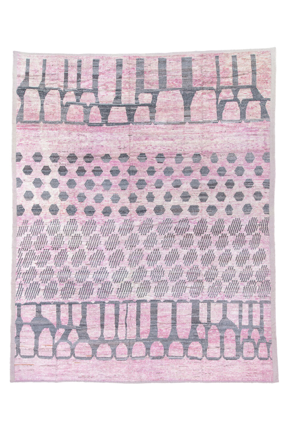 12' x 15' one-of-a-kind handmade vintage Tulu oversize rug. Color palette: black, blue, gainsboro, gray, lavender