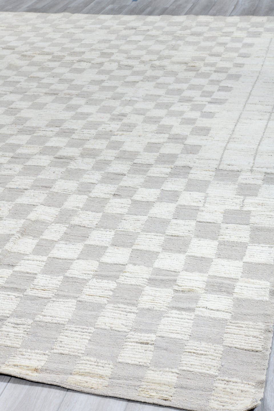 10' x 13' one-of-a-kind handmade vintage Tulu large size rug. Color palette: ivory, pale gray, cream, taupe, light gray