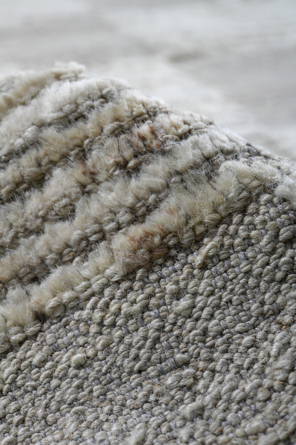 10' x 13' one-of-a-kind handmade vintage Tulu large size rug. Color palette: ivory, pale gray, cream, taupe, light gray