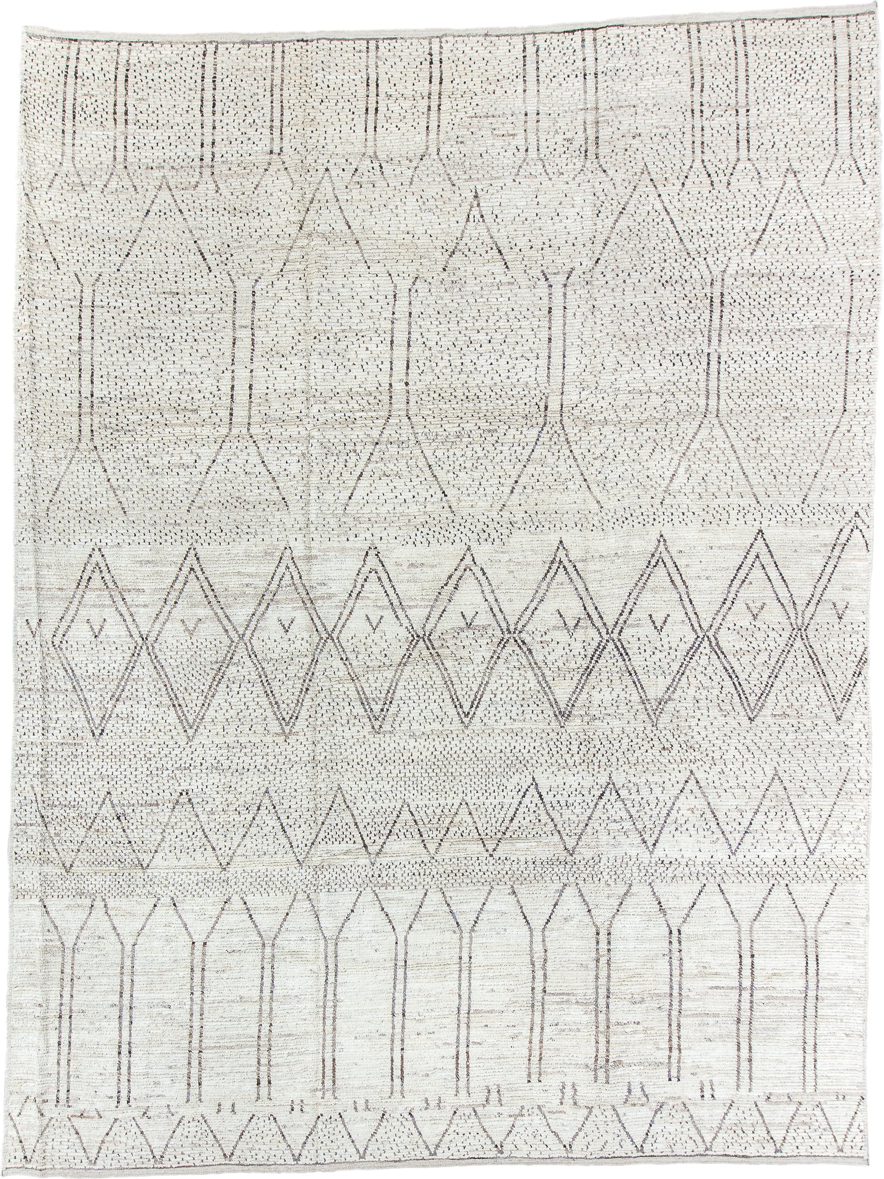 10' x 13' one-of-a-kind handmade vintage Tulu large size rug. Color palette: ivory, taupe, cream, gray, beige