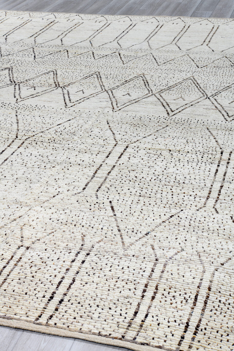 10' x 13' one-of-a-kind handmade vintage Tulu large size rug. Color palette: ivory, taupe, cream, gray, beige