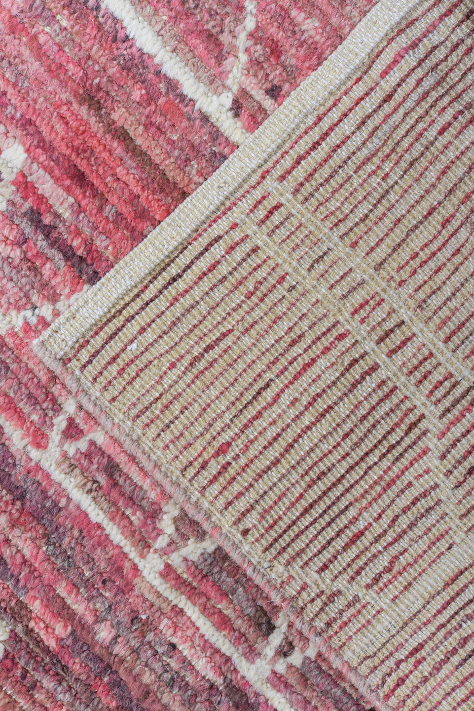 7' x 9' one-of-a-kind handmade vintage Tulu rug. Color palette: rose, mauve, ivory, dusty pink, taupe, brown, pink, red