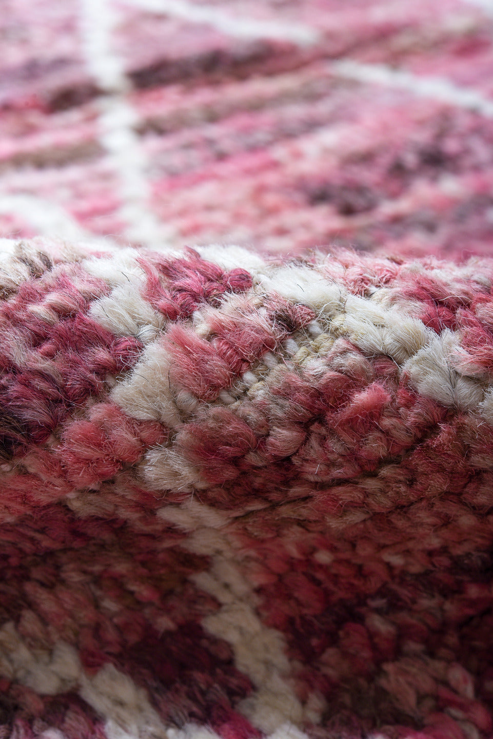 7' x 9' one-of-a-kind handmade vintage Tulu rug. Color palette: rose, mauve, ivory, dusty pink, taupe, brown, pink, red
