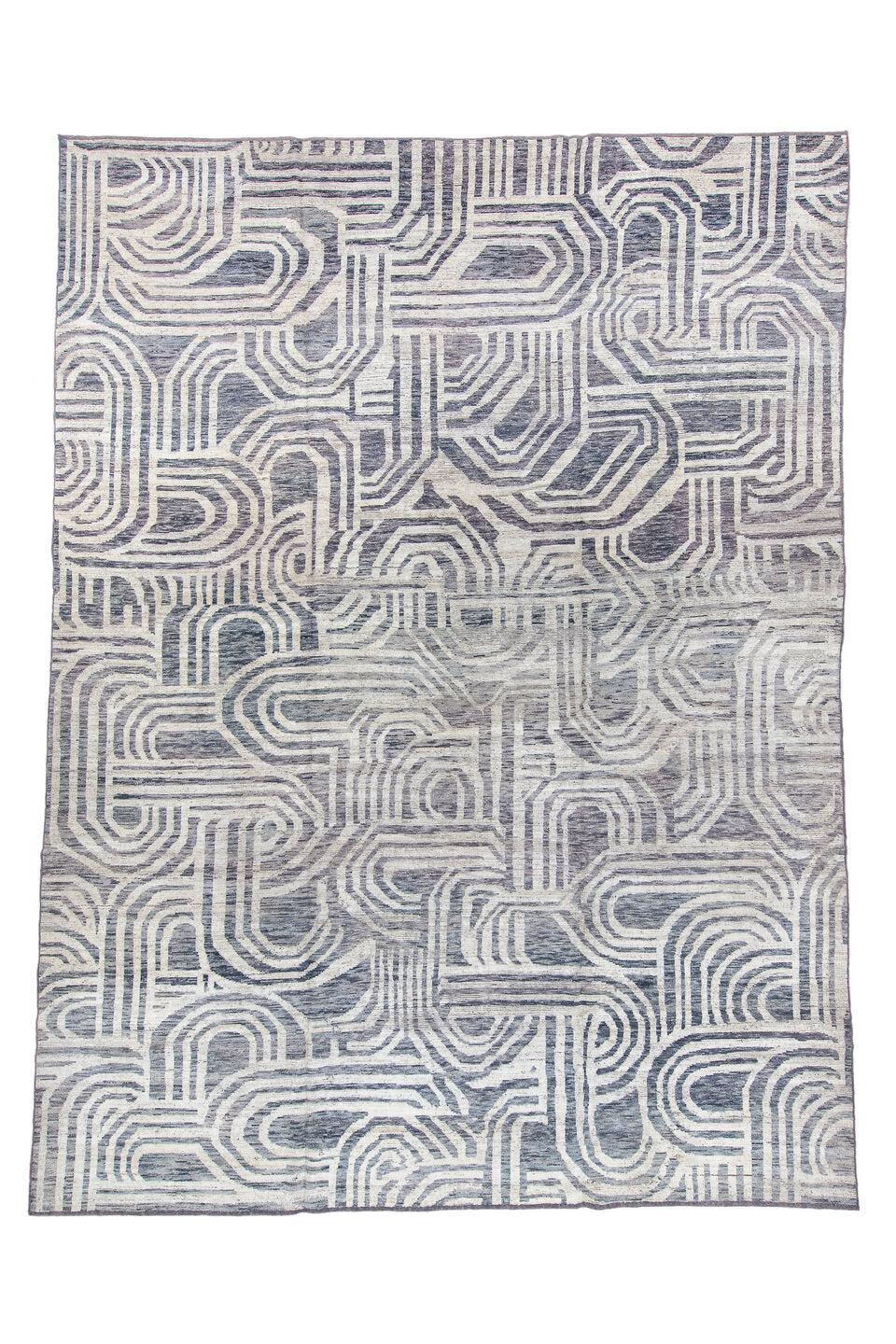 10' x 14' one-of-a-kind handmade vintage Tulu large size rug. Color palette: blue, dark gray, gray, light blue, light gray