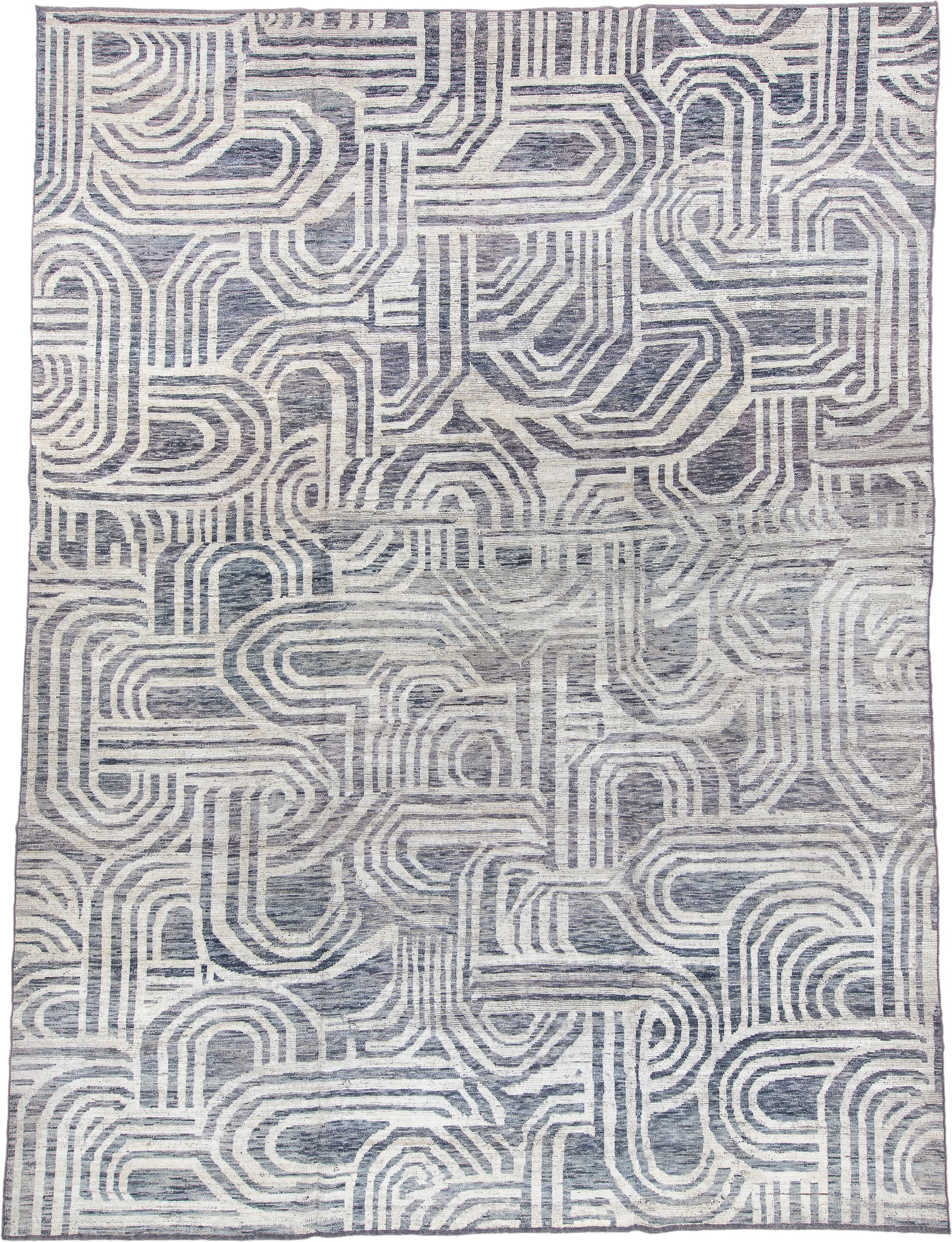 10' x 14' one-of-a-kind handmade vintage Tulu large size rug. Color palette: ivory, slate, blue_gray, taupe, gray, blue