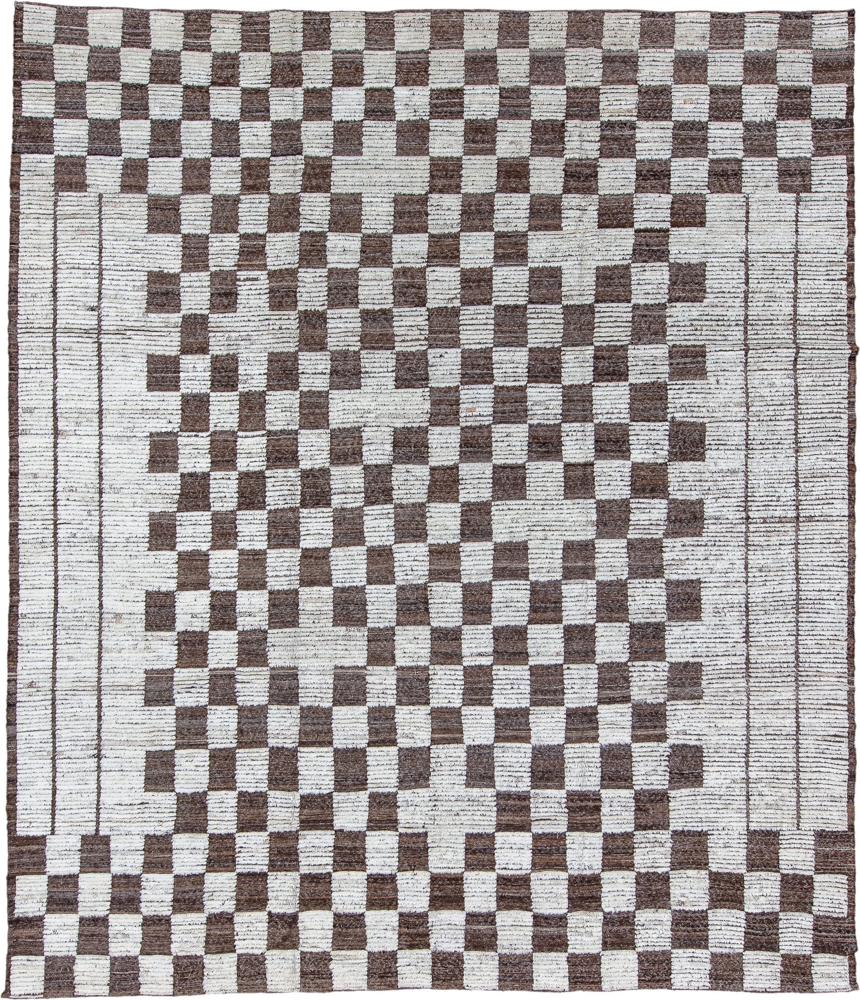 10' x 11' one-of-a-kind handmade vintage Tulu large size rug. Color palette: ivory, brown, taupe, beige, gray