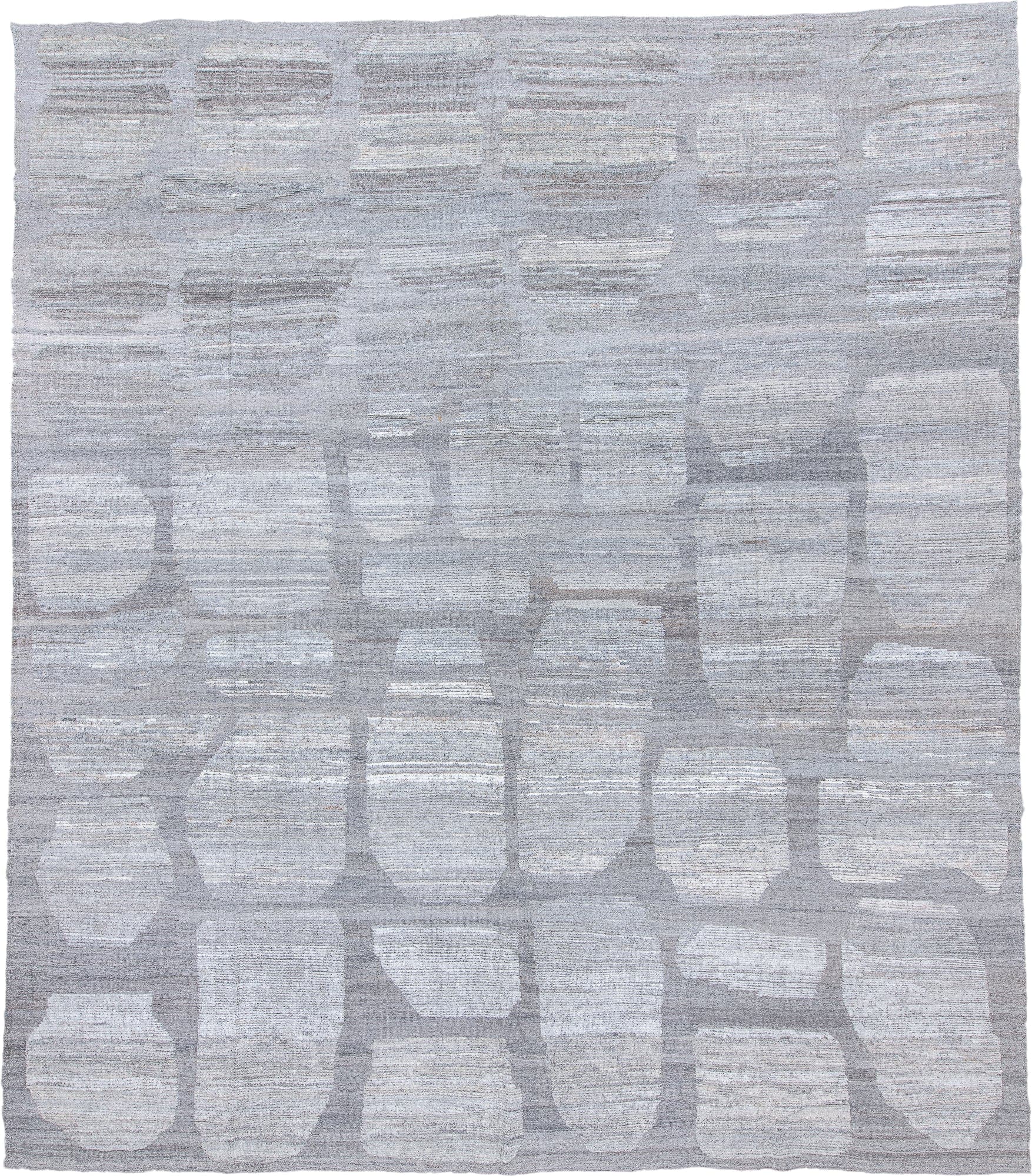 13' x 15' one-of-a-kind handmade vintage Tulu oversize rug. Color palette: silver, ivory, light gray, pewter, gray