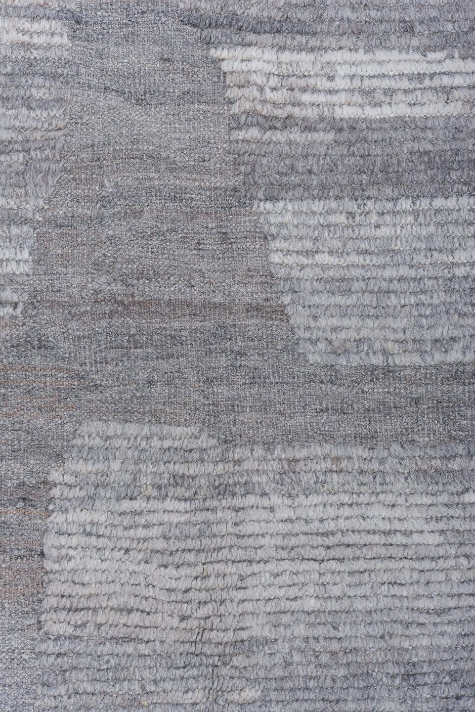 13' x 15' one-of-a-kind handmade vintage Tulu oversize rug. Color palette: silver, ivory, light gray, pewter, gray