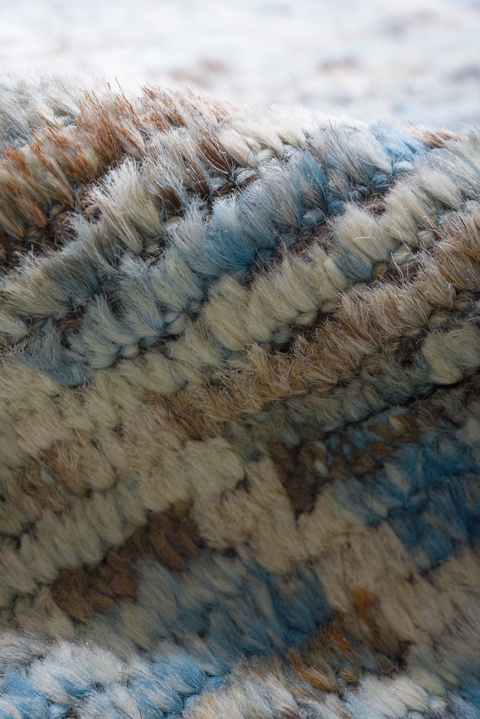 10' x 14' one-of-a-kind handmade vintage Tulu large size rug. Color palette: light blue, ivory, gray, taupe, beige
