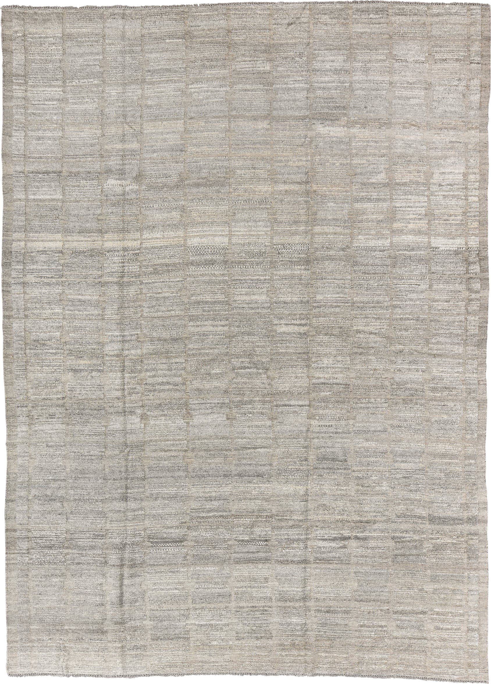 9' x 12' one-of-a-kind handmade vintage Tulu large size rug. Color palette: ivory, taupe, light gray, greige, stone, beige