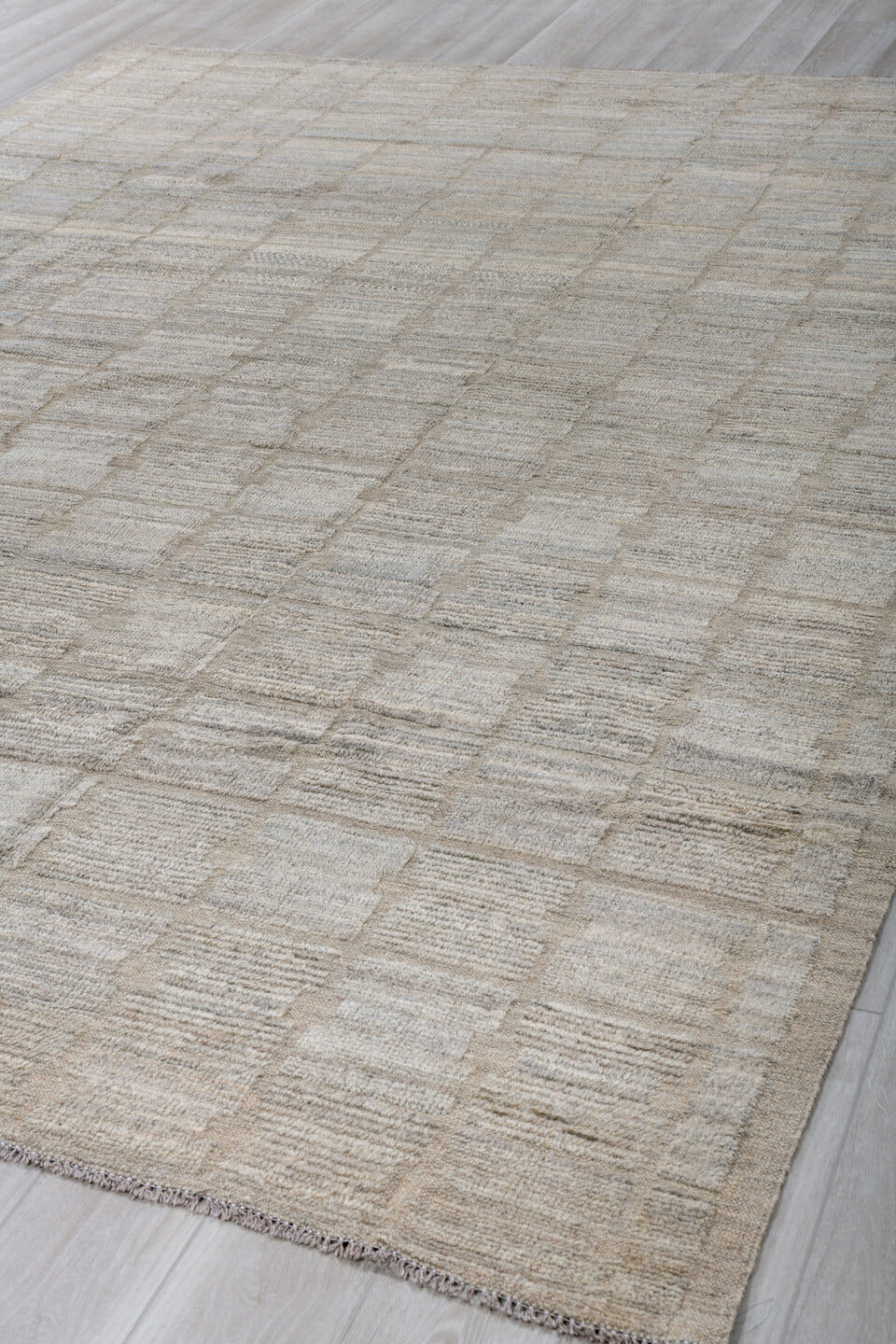 9' x 12' one-of-a-kind handmade vintage Tulu large size rug. Color palette: ivory, taupe, light gray, greige, stone, beige
