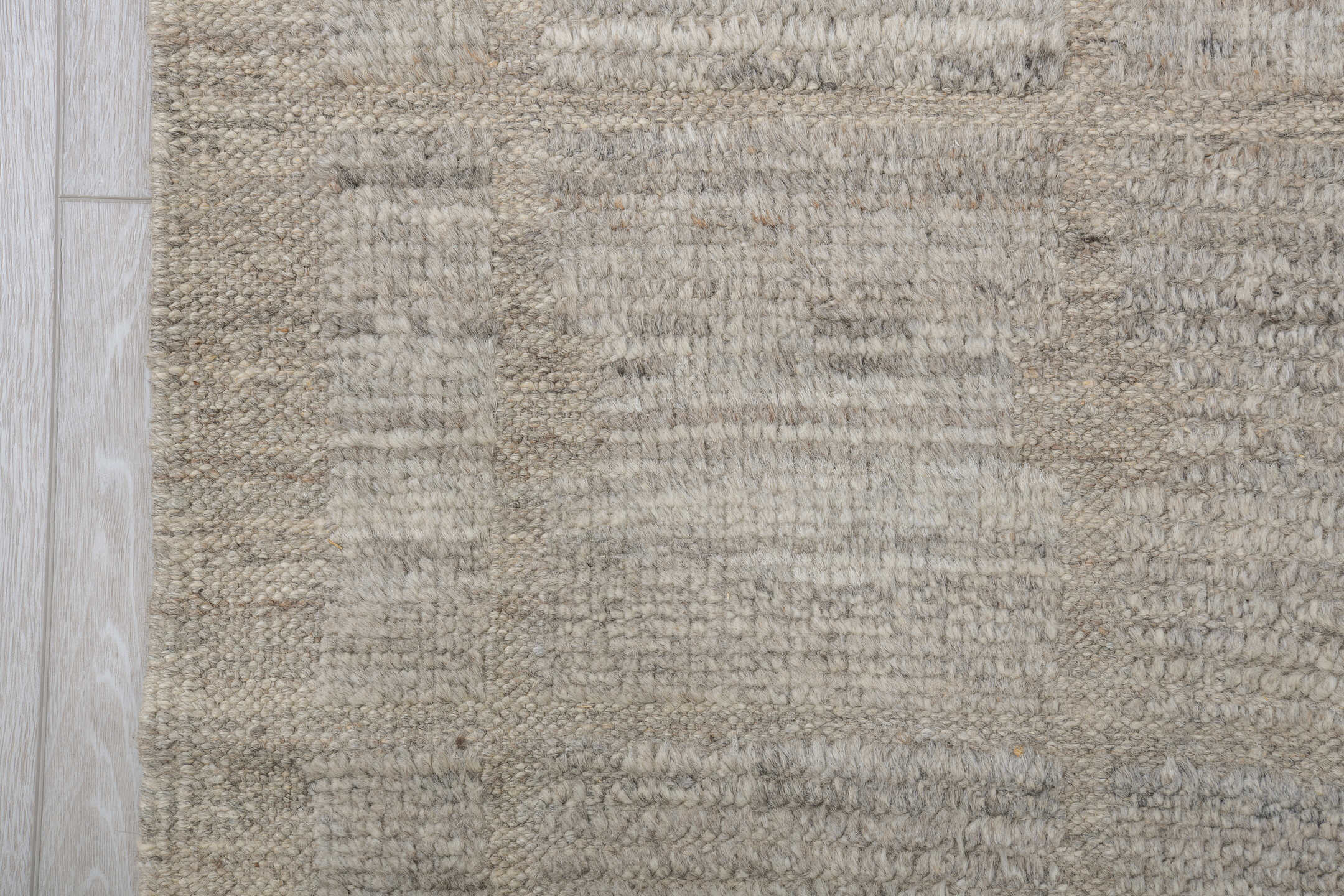 9' x 12' one-of-a-kind handmade vintage Tulu large size rug. Color palette: ivory, taupe, light gray, greige, stone, beige