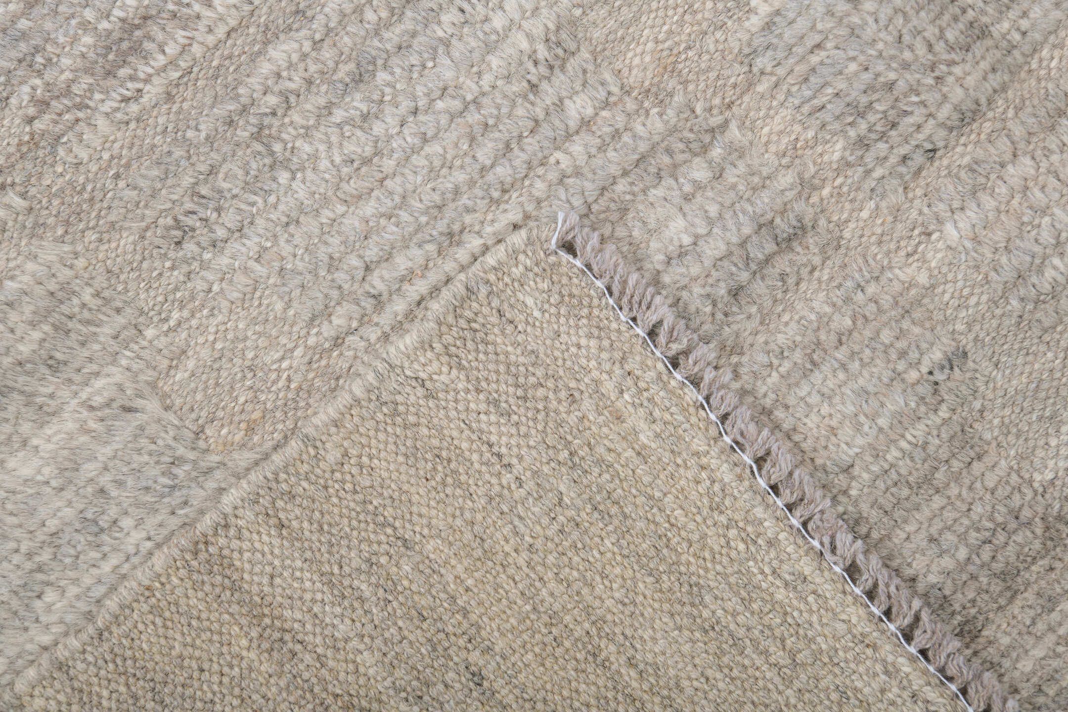 9' x 12' one-of-a-kind handmade vintage Tulu large size rug. Color palette: ivory, taupe, light gray, greige, stone, beige