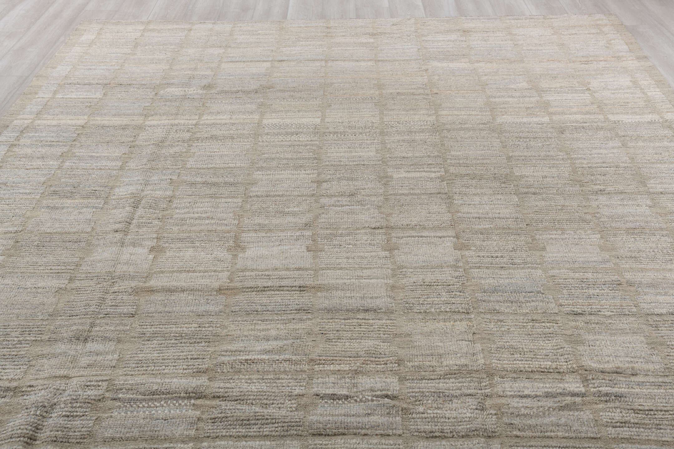 9' x 12' one-of-a-kind handmade vintage Tulu large size rug. Color palette: ivory, taupe, light gray, greige, stone, beige