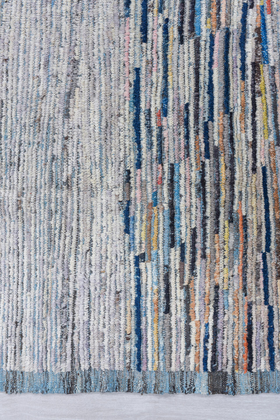 7' x 9' one-of-a-kind handmade vintage Tulu rug. Color palette: gray, ivory, slate, charcoal, taupe, blush, rust, blue