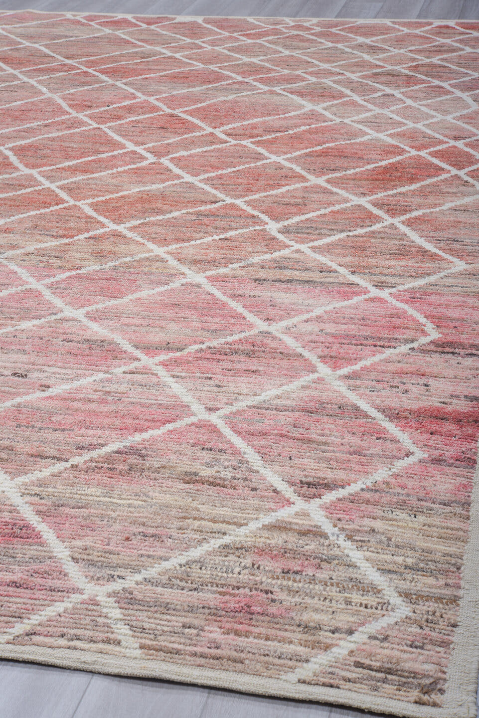 10' x 13' one-of-a-kind handmade vintage Tulu large size rug. Color palette: rose, ivory, taupe, blush, beige, brown, pink