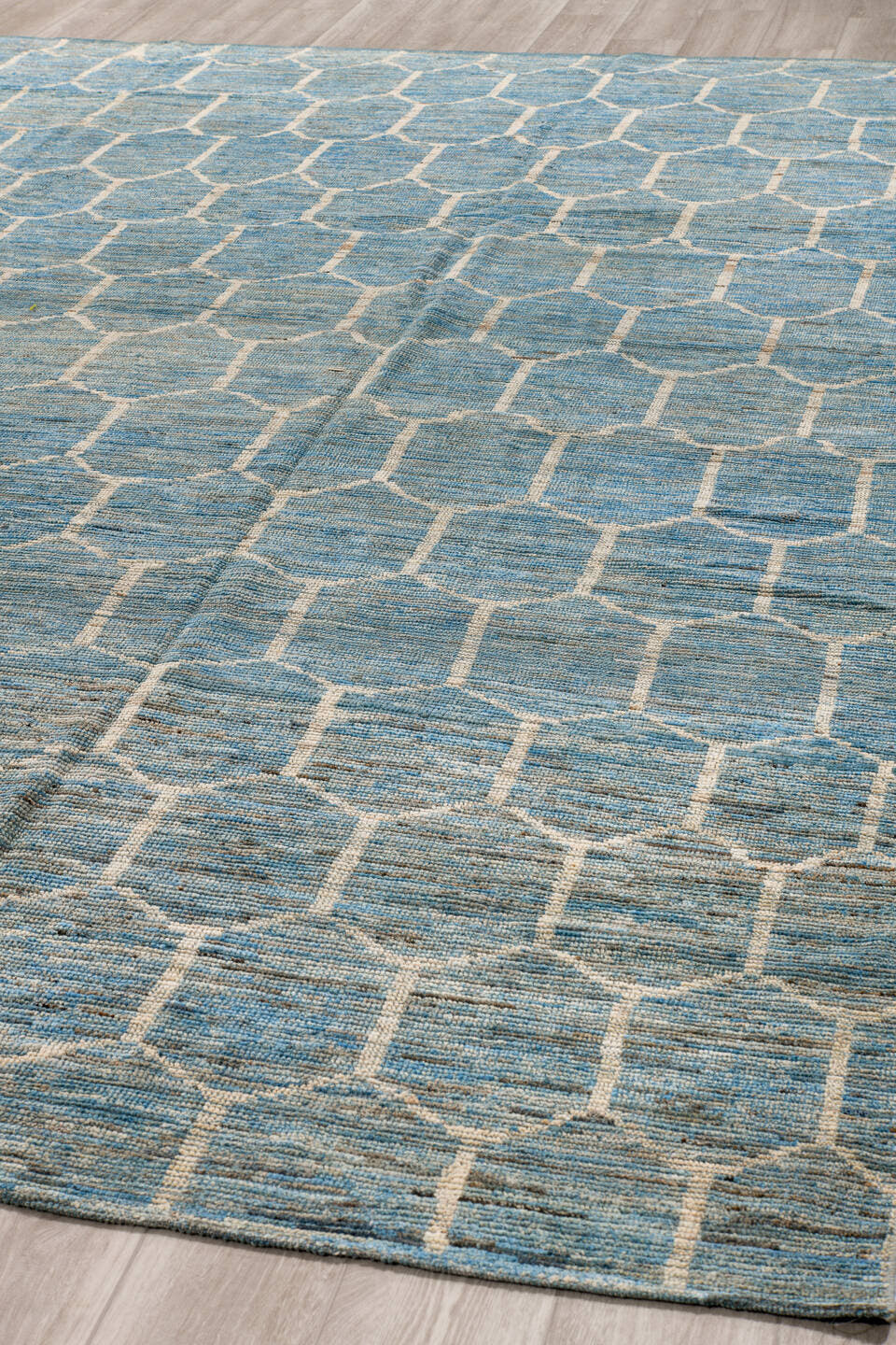 10' x 13' one-of-a-kind handmade vintage Tulu large size rug. Color palette: sky blue, ivory, slate, cream, light blue, gray