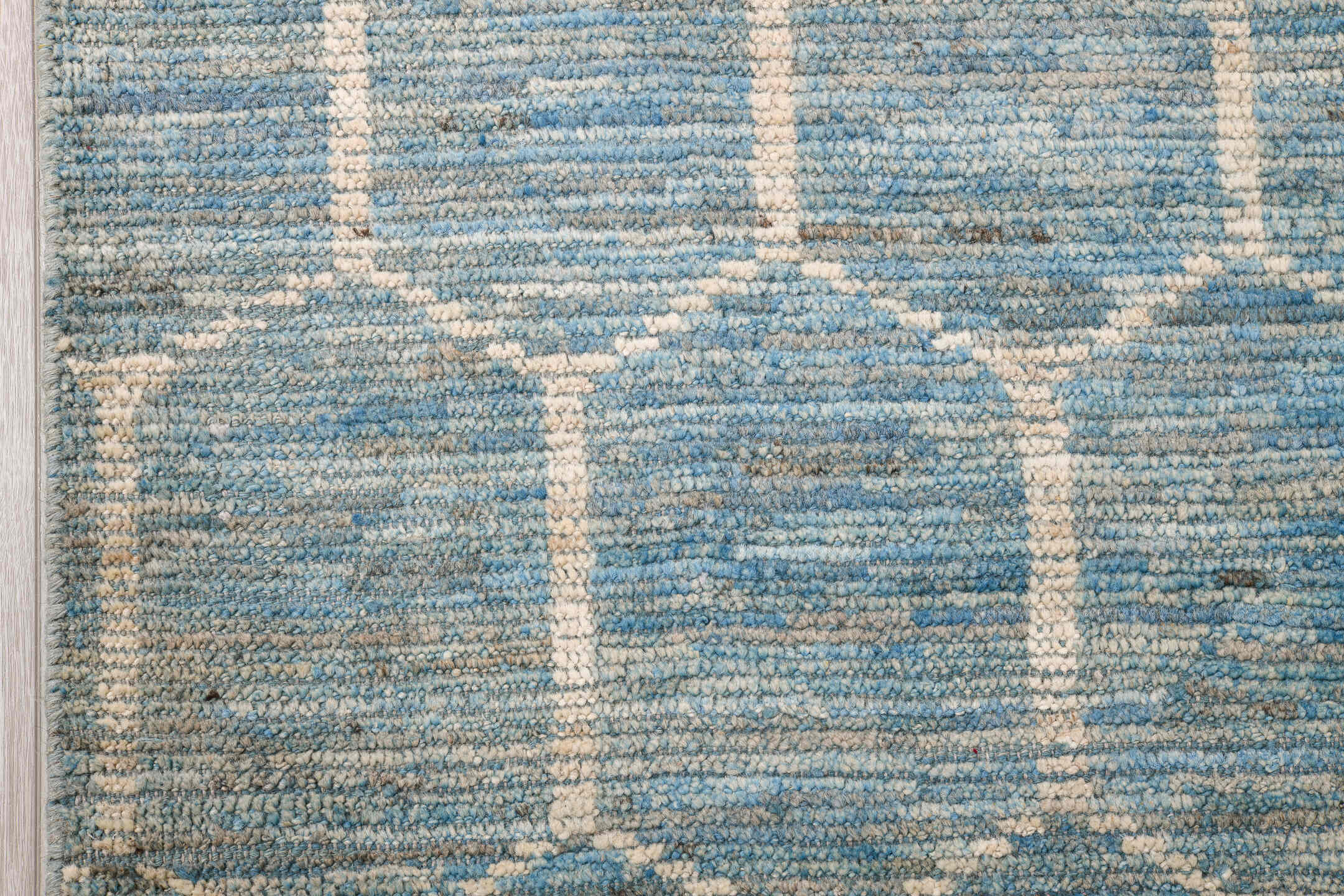 10' x 13' one-of-a-kind handmade vintage Tulu large size rug. Color palette: sky blue, ivory, slate, cream, light blue, gray
