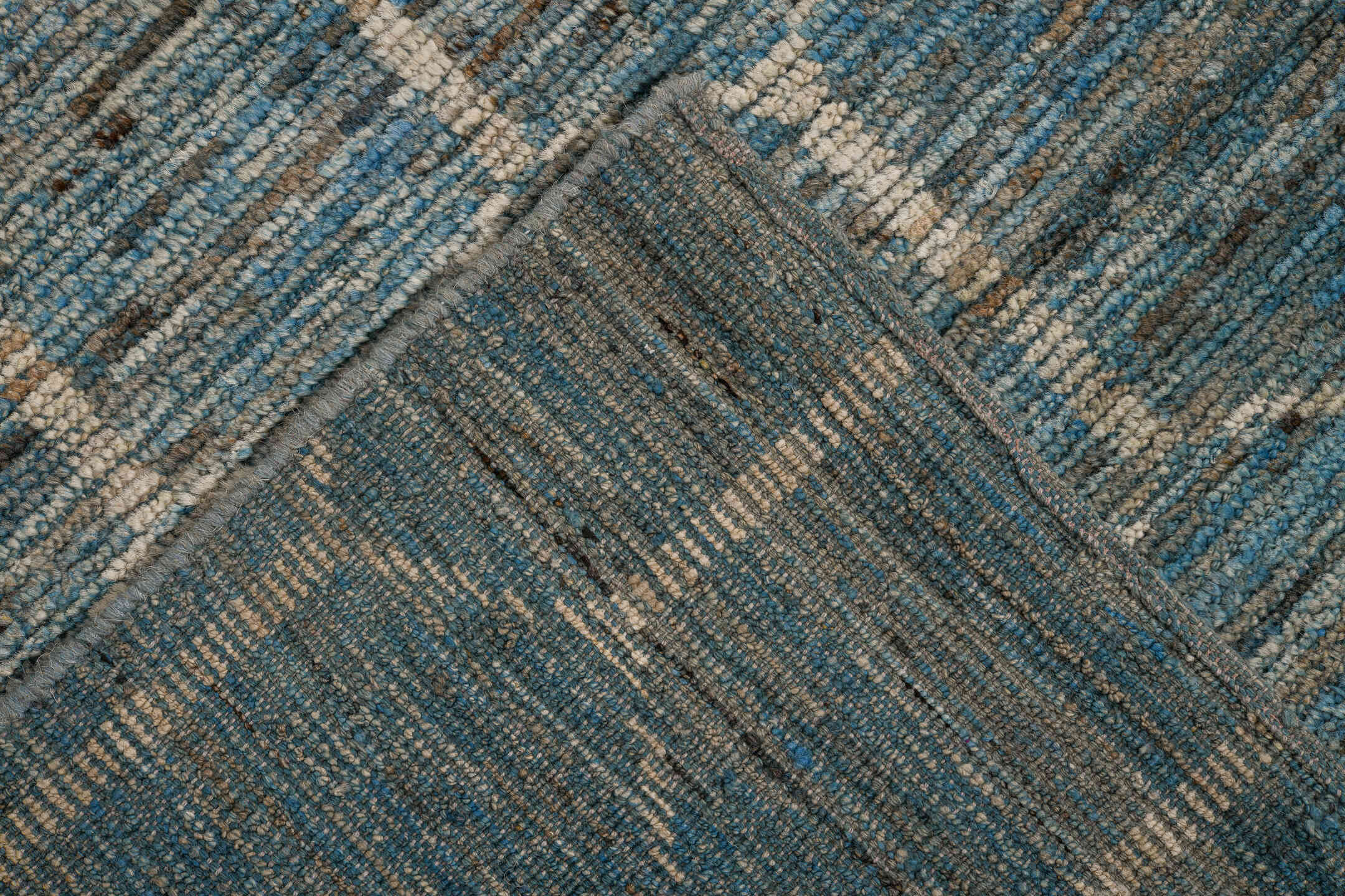 10' x 13' one-of-a-kind handmade vintage Tulu large size rug. Color palette: sky blue, ivory, slate, cream, light blue, gray
