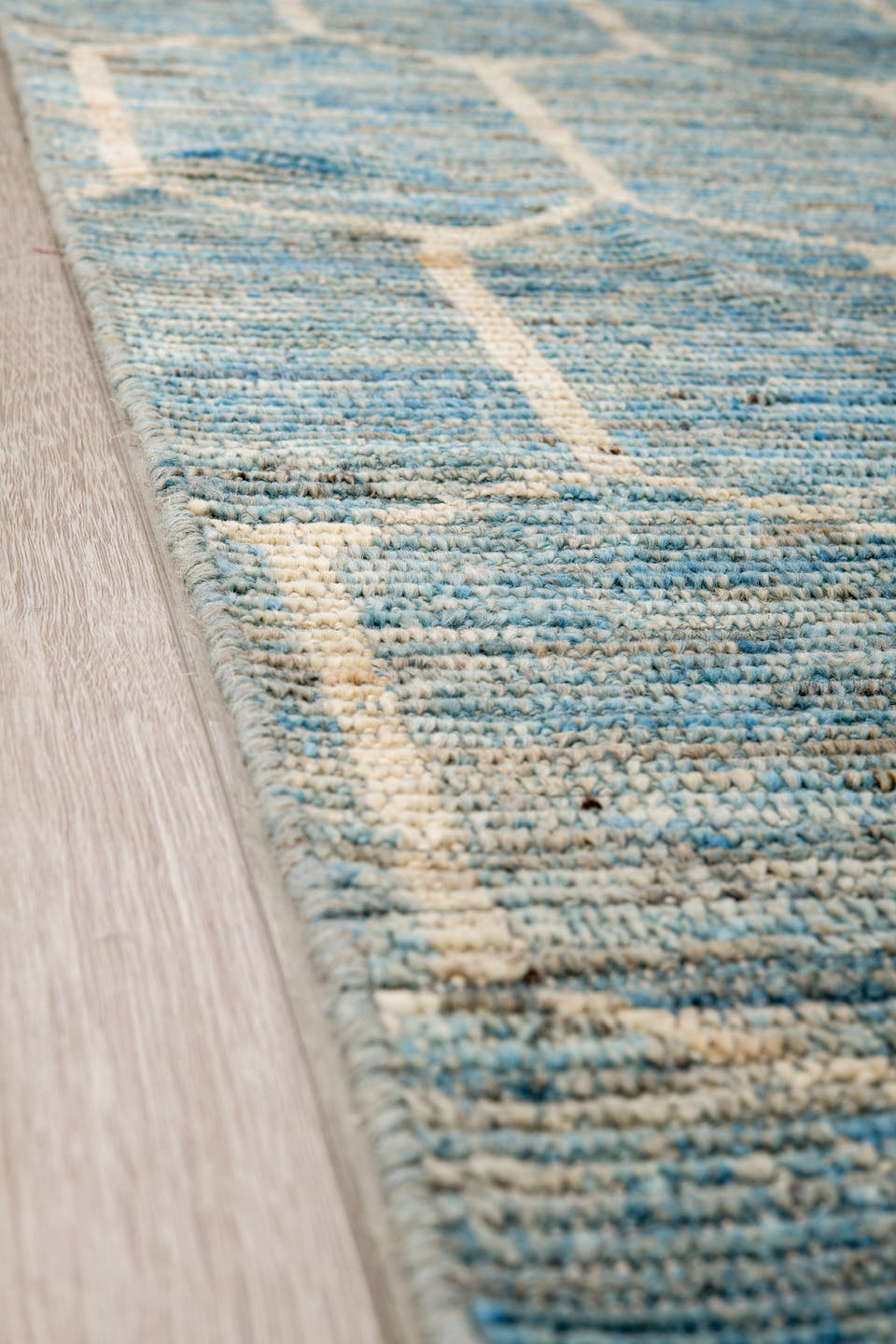 10' x 13' one-of-a-kind handmade vintage Tulu large size rug. Color palette: sky blue, ivory, slate, cream, light blue, gray