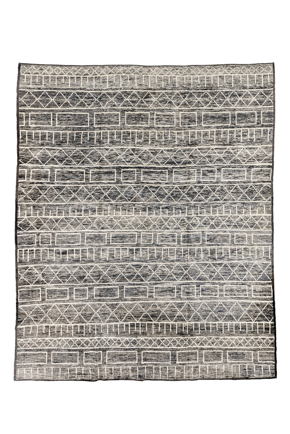 9' x 11' one-of-a-kind handmade vintage Tulu large size rug. Color palette: black, blue, brown, charcoal, dark gray