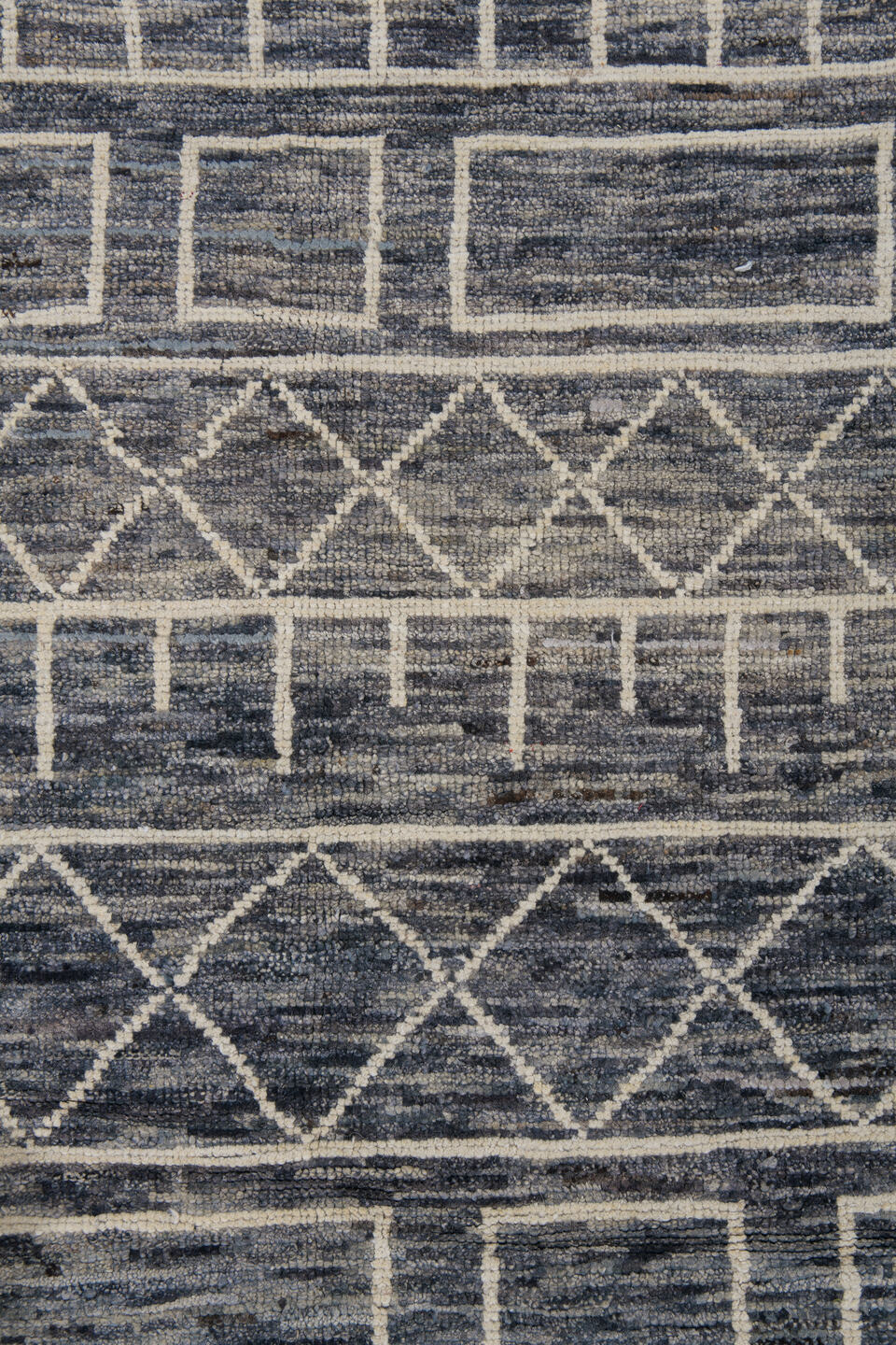 9' x 11' one-of-a-kind handmade vintage Tulu large size rug. Color palette: black, blue, brown, charcoal, dark gray