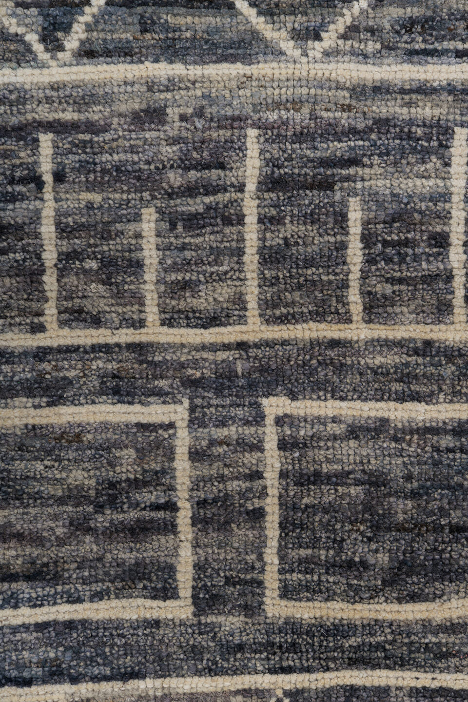 9' x 11' one-of-a-kind handmade vintage Tulu large size rug. Color palette: charcoal, ivory, slate, taupe, gray, black