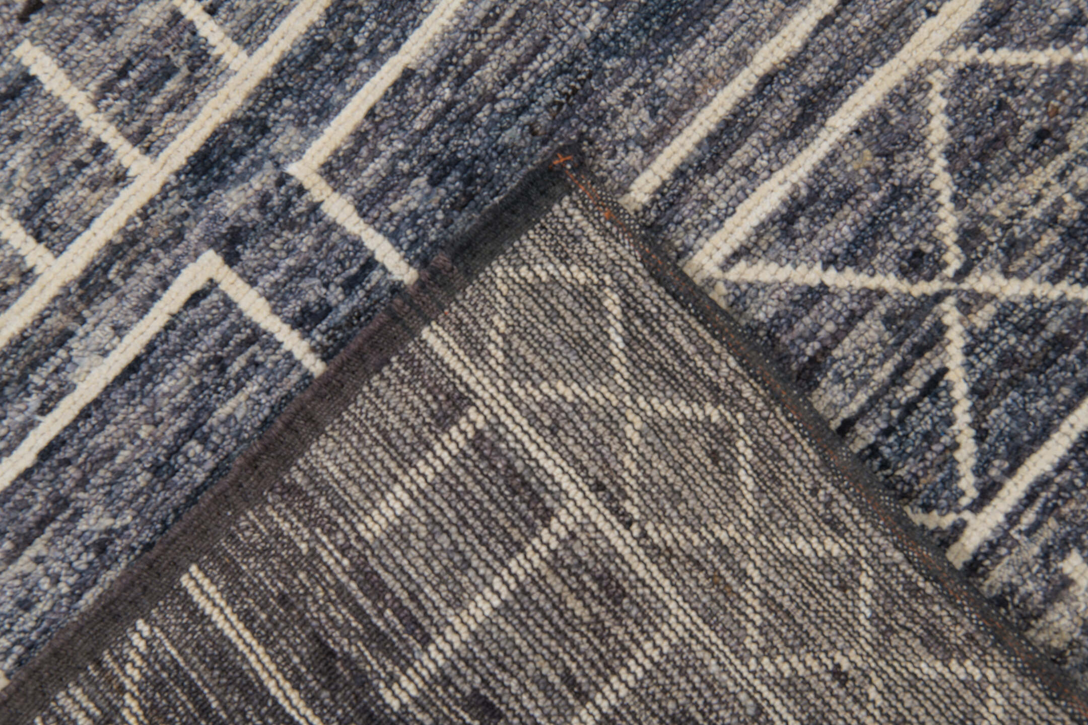 9' x 11' one-of-a-kind handmade vintage Tulu large size rug. Color palette: black, blue, brown, charcoal, dark gray