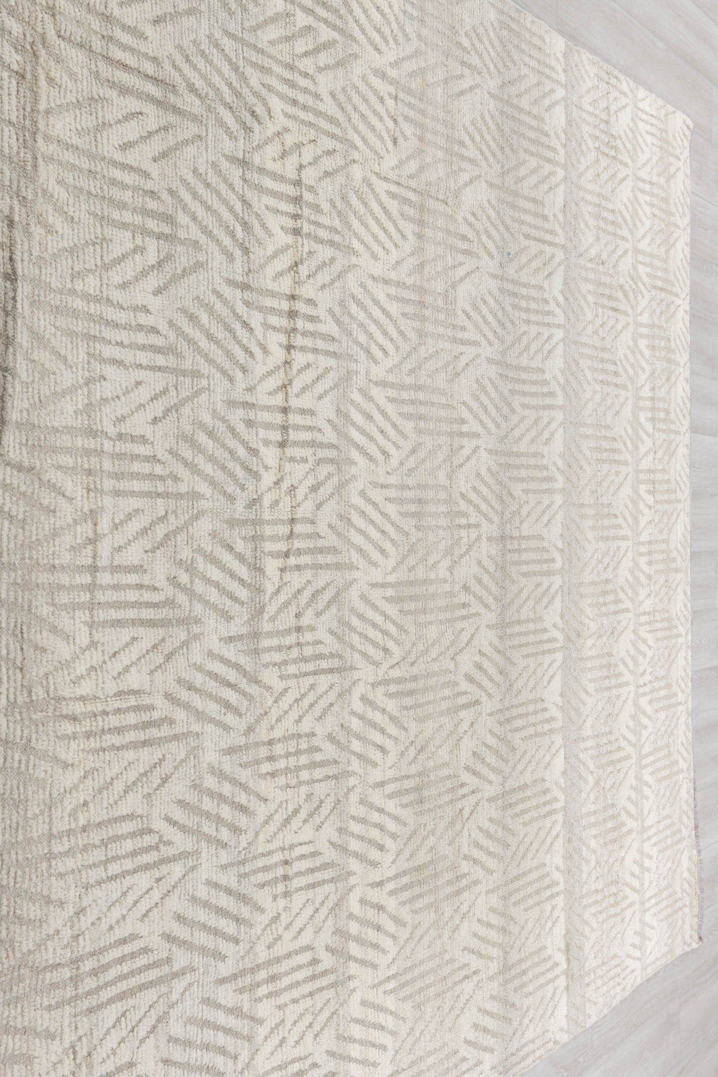 8' x 9' one-of-a-kind handmade vintage Tulu rug. Color palette: ivory, taupe, cream, beige, gray