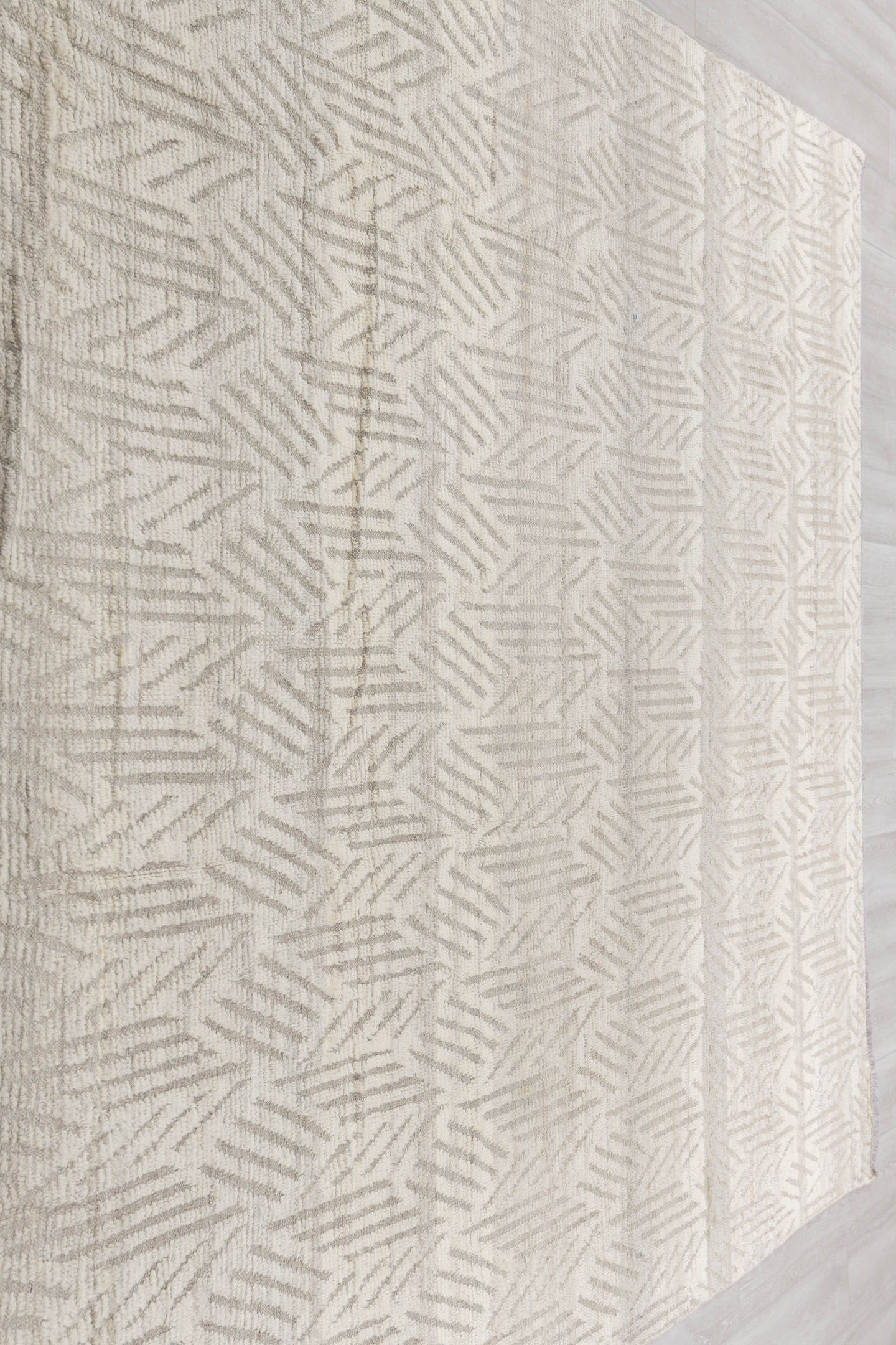 8' x 9' one-of-a-kind handmade vintage Tulu rug. Color palette: ivory, taupe, cream, beige, gray