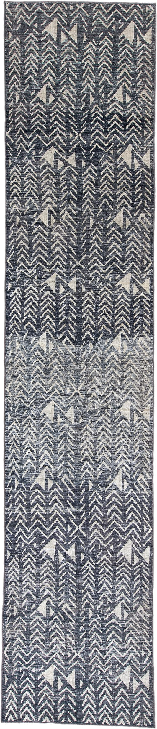 4' x 19' one-of-a-kind handmade vintage Tulu runner rug. Color palette: charcoal, ivory, slate, gray, black