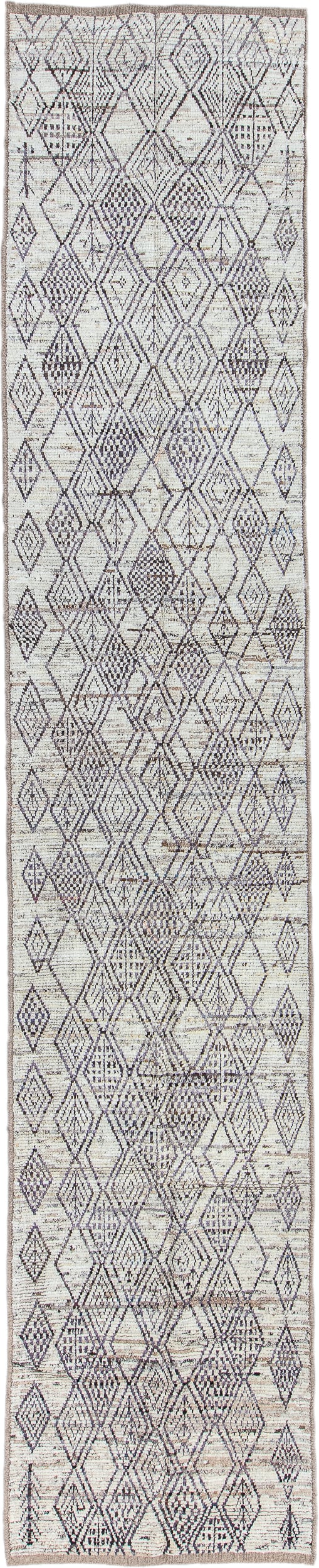 3' x 16' one-of-a-kind handmade vintage Tulu runner rug. Color palette: ivory, charcoal, taupe, brown, gray, black, beige