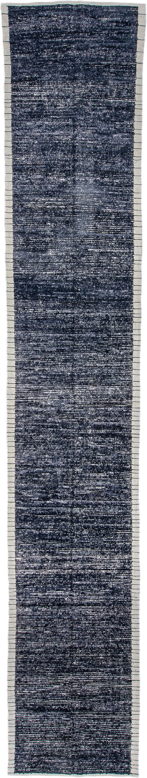 2' x 16' one-of-a-kind handmade vintage Tulu runner rug. Color palette: charcoal, ivory, slate, blue gray, black, gray, blue