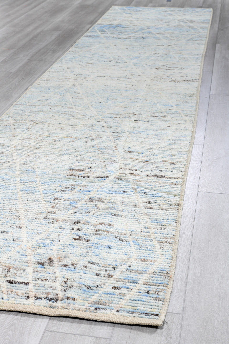 3' x 15' one-of-a-kind handmade vintage Tulu runner rug. Color palette: ivory, pale blue, taupe, charcoal, light blue, beige
